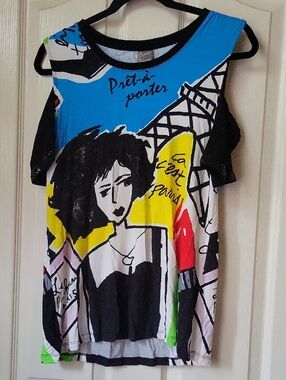 Graphic Cold-Shoulder Women’s Top in Blue, Yellow & Black